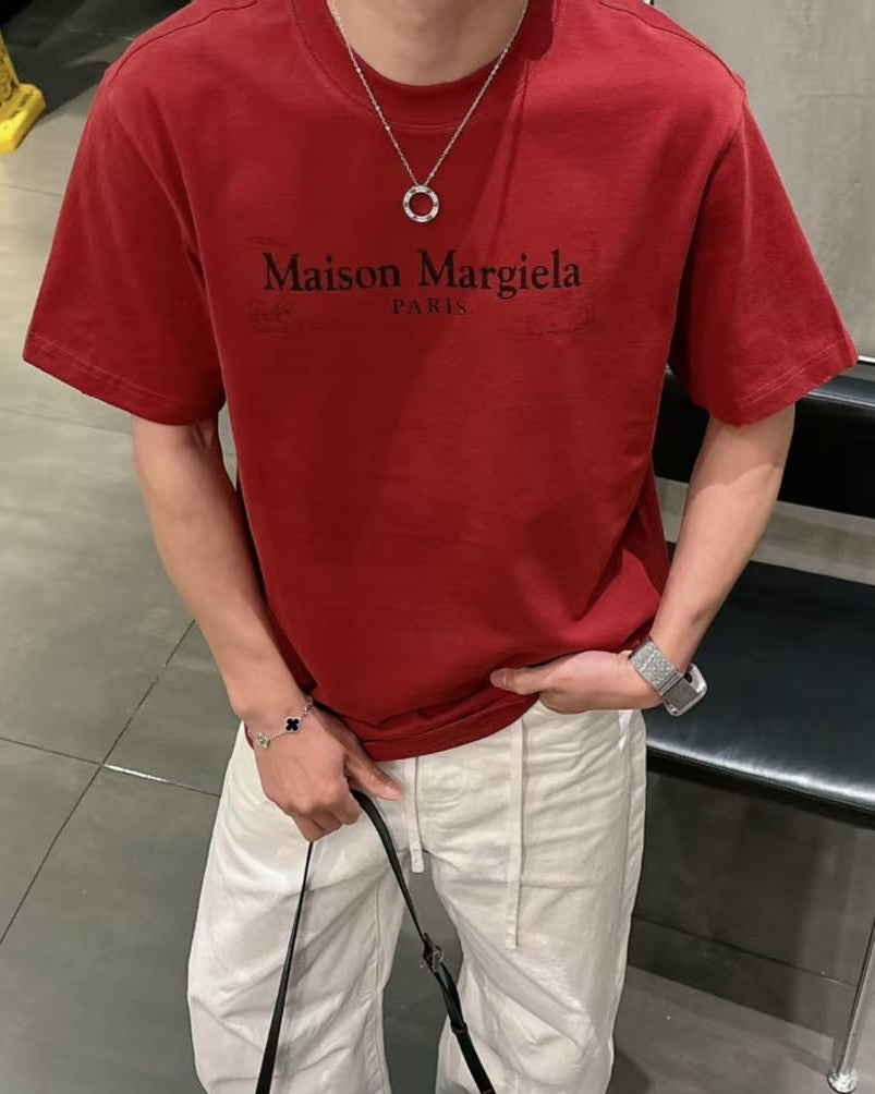 Maison Margiela - Paris Distressed Logo T-Shirt in Burgundy Red