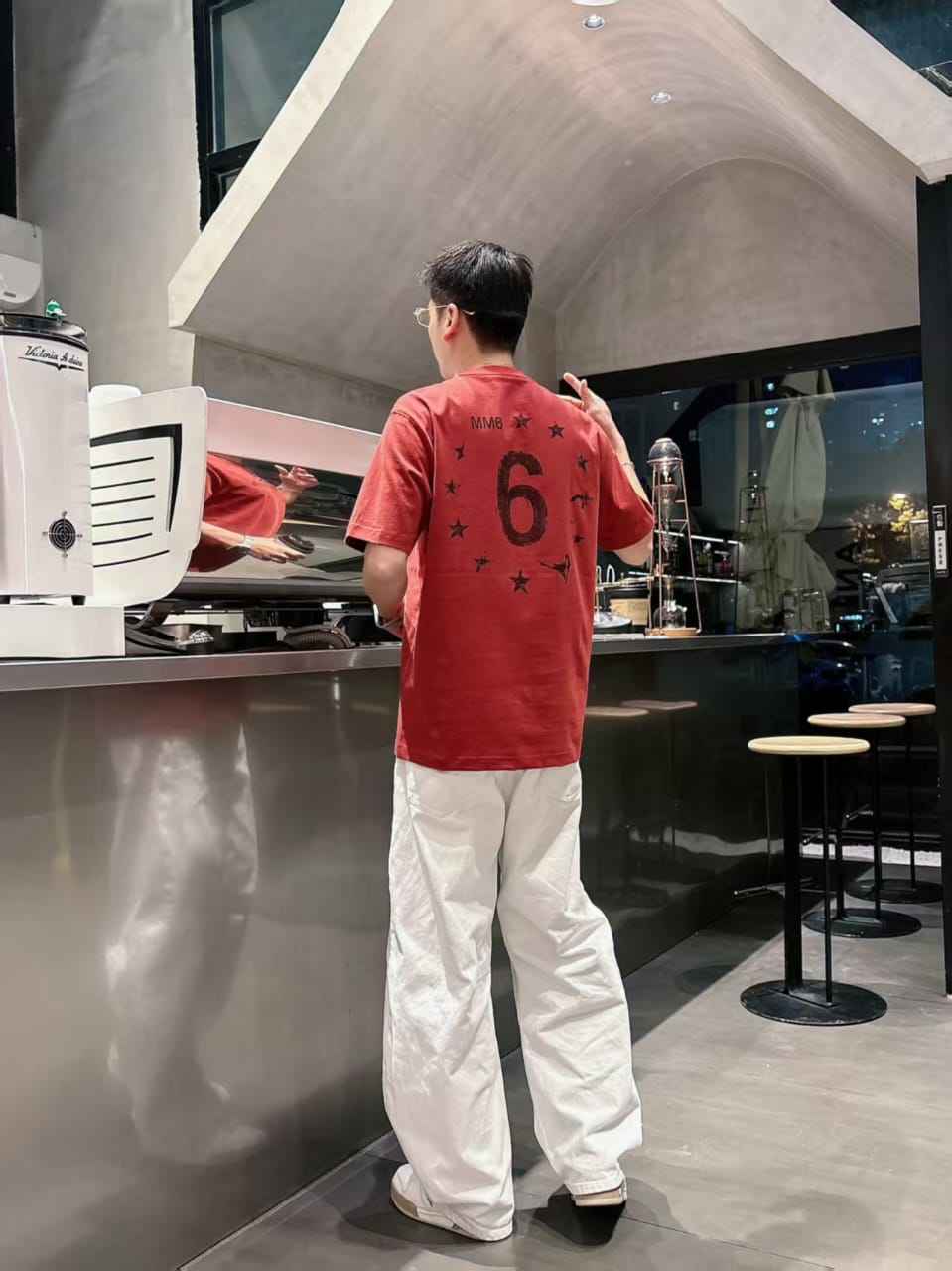 Maison Margiela - Paris Distressed Logo T-Shirt in Burgundy Red