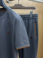 Zegna - Premium Cotton Jersey T-Shirt and Trousers Set – Slate Grey with Signature Trim