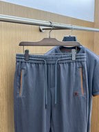 Zegna - Premium Cotton Jersey T-Shirt and Trousers Set – Slate Grey with Signature Trim