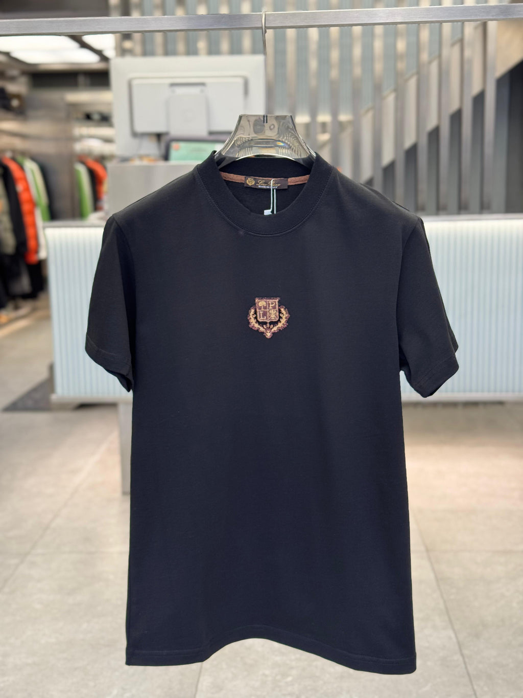 Loro Piana - Black Cotton T-Shirt with Metallic Crest Embroidery
