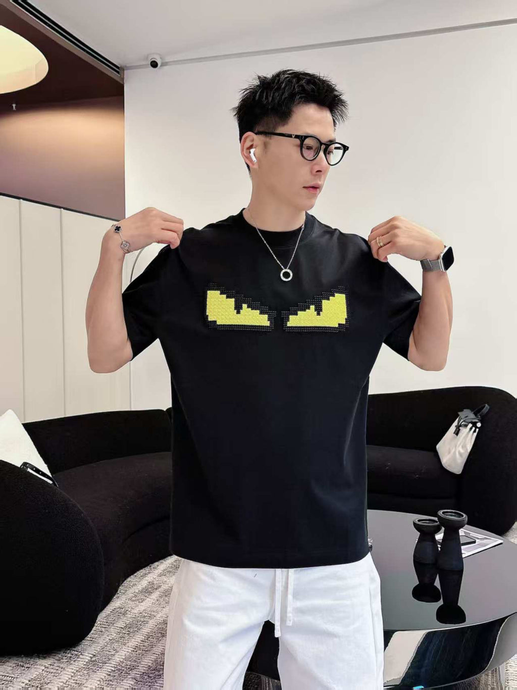 Fendi - Bag Bugs "Monster Eyes" Pixelated T-Shirt in Black