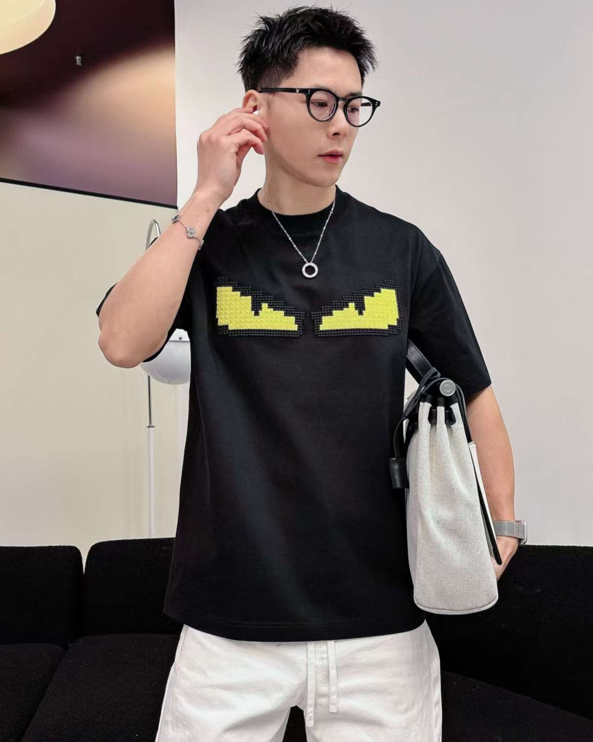 Fendi - Bag Bugs "Monster Eyes" Pixelated T-Shirt in Black