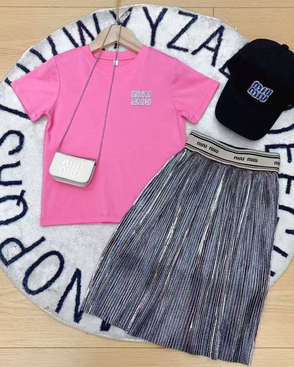 Miu Miu - Girls' Metallic Pleated Skirt and T-Shirt Ensemble