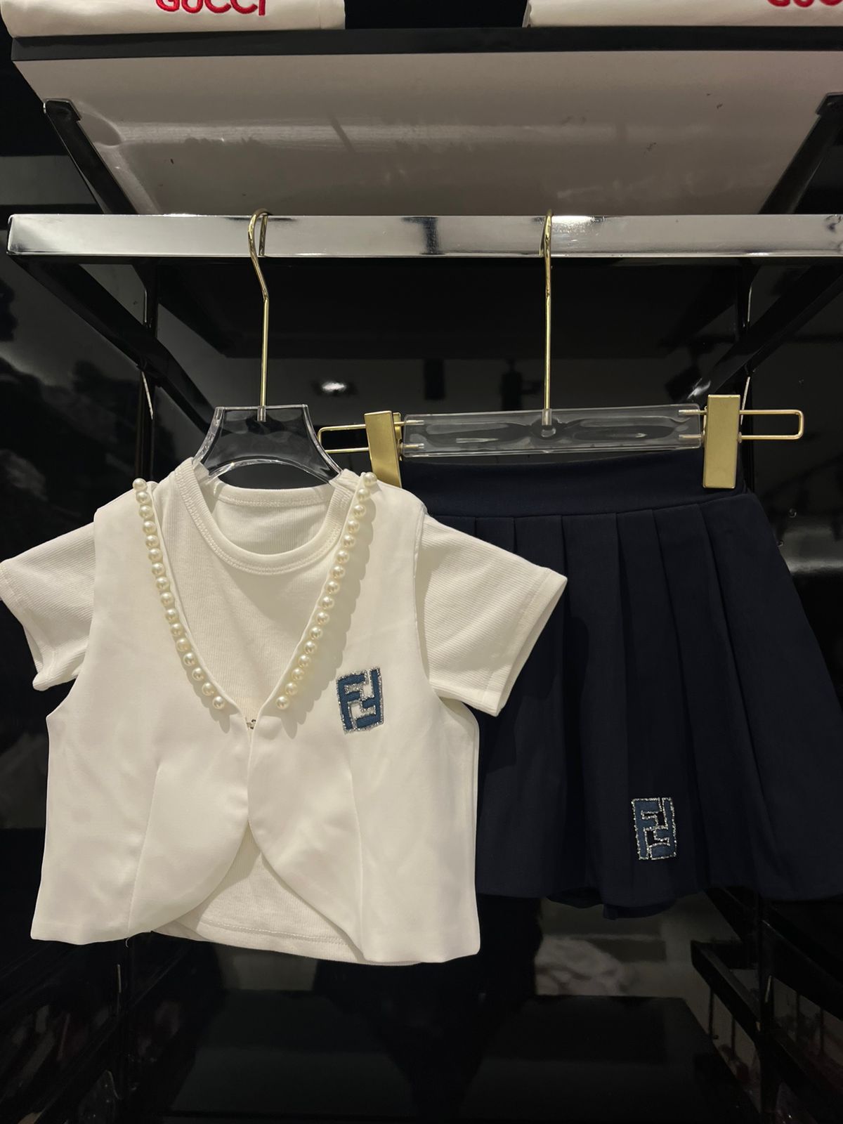 Fendi - Kids Pearl-Trimmed Cardigan and Pleated Skirt Set