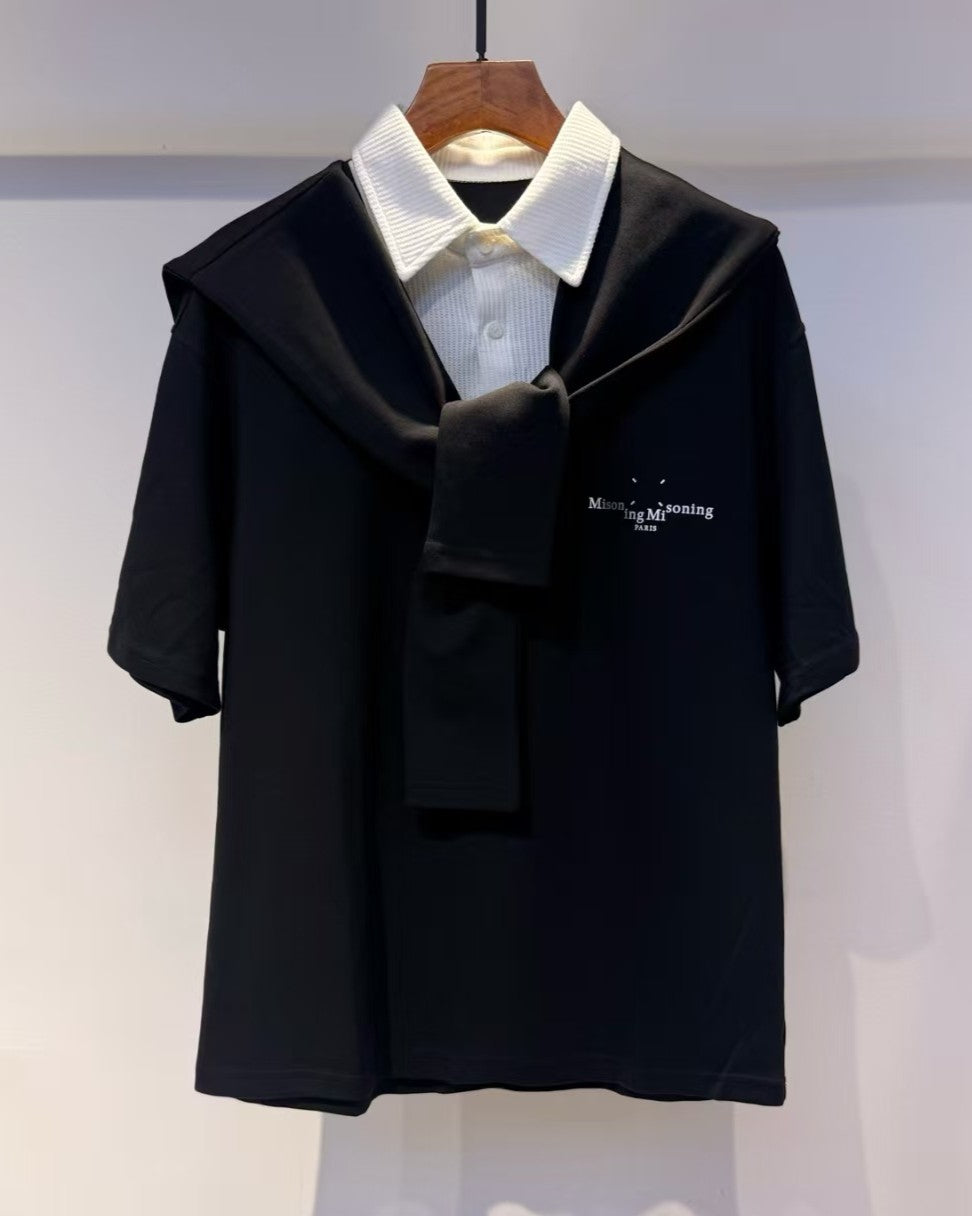 Maison Margiela - Paris Men’s Contemporary Layered-Effect Polo Shirt in Black and White