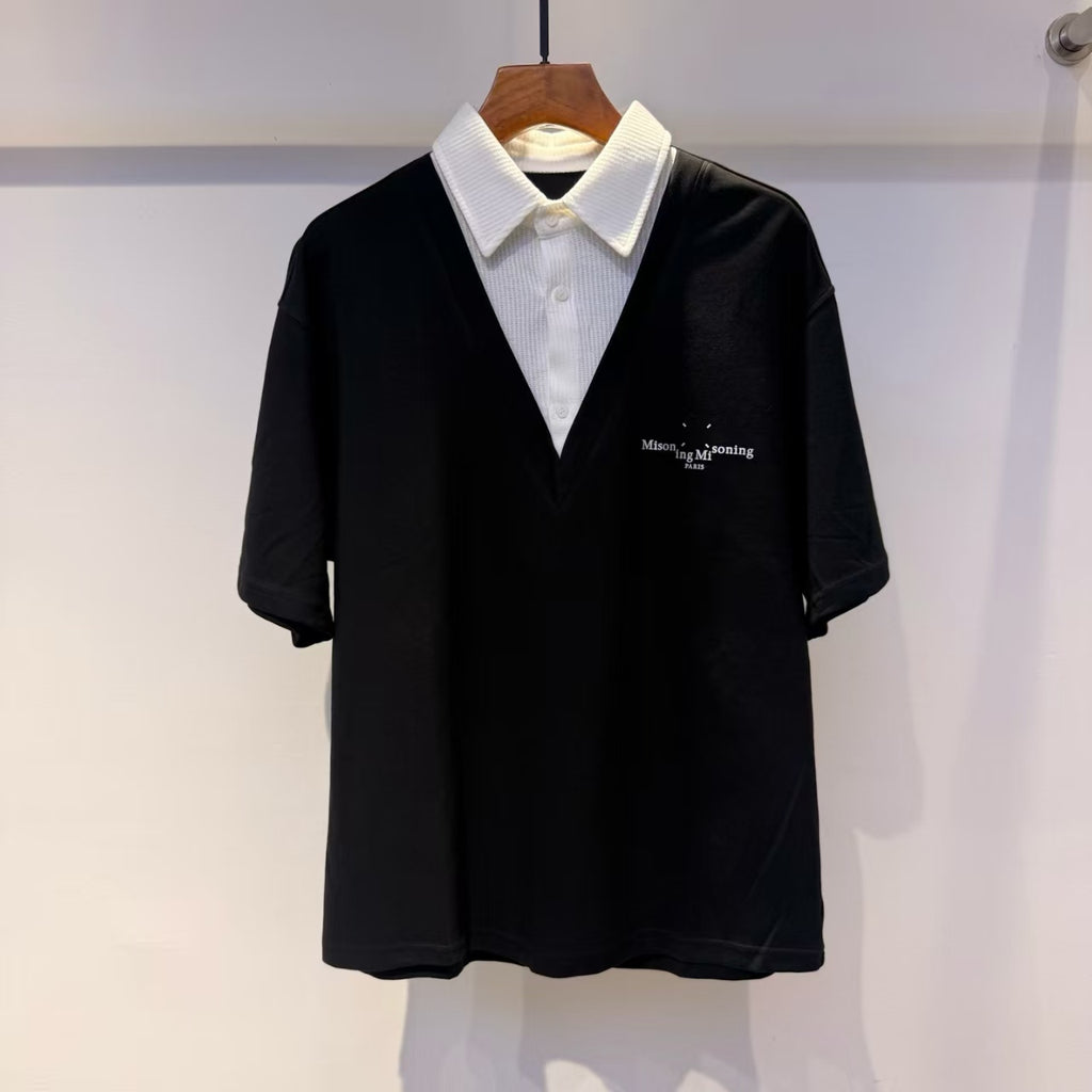 Maison Margiela - Paris Men’s Contemporary Layered-Effect Polo Shirt in Black and White