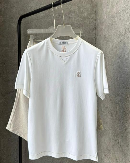 Brunello Cucinelli - Men’s Premium Cotton Jersey T-Shirt with Crest Embroidery in Optic White