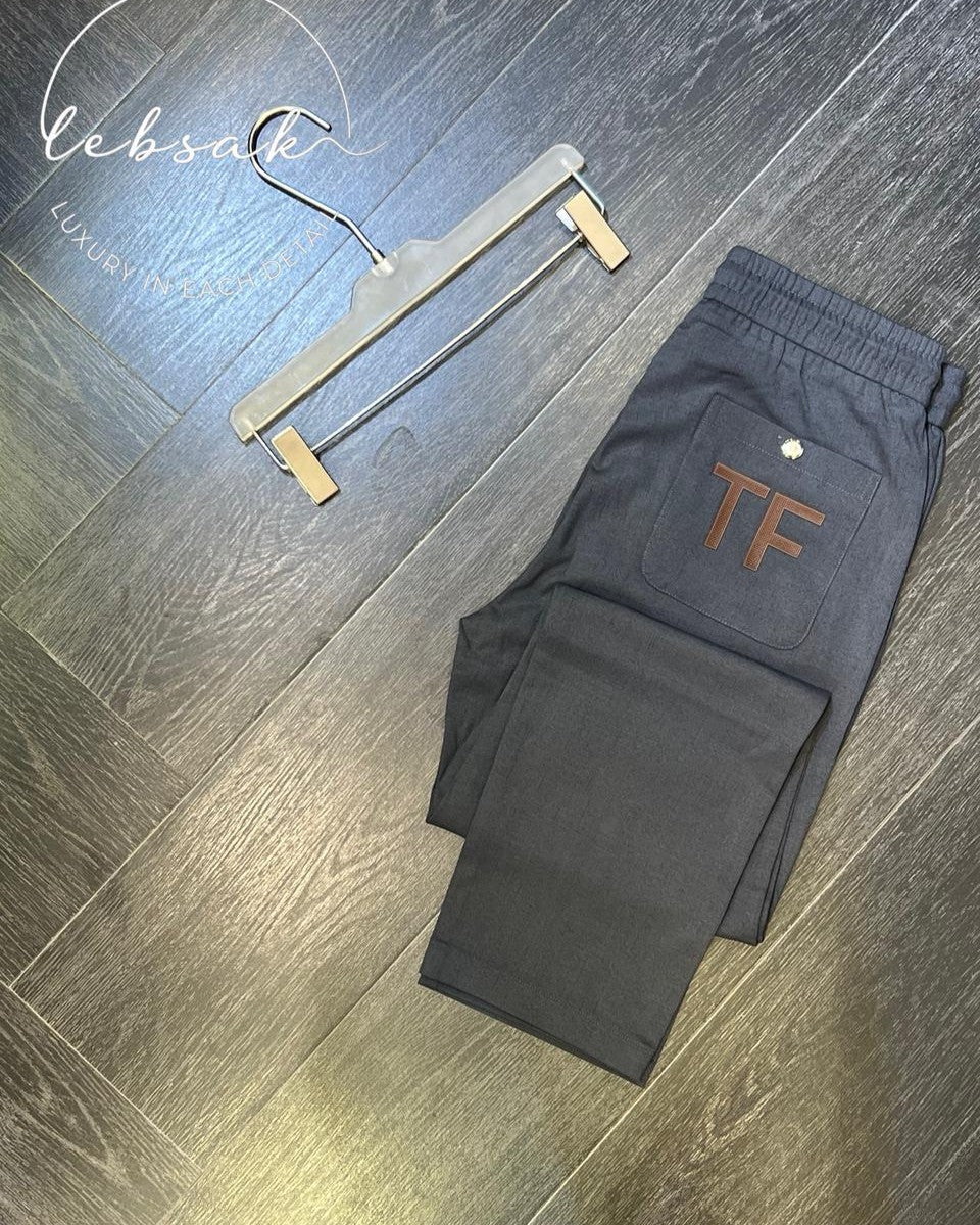 Tom Ford - Men's Premium Cotton-Silk Blend Lounge Trousers with Signature TF Leather Patch in Charcoal Grey
