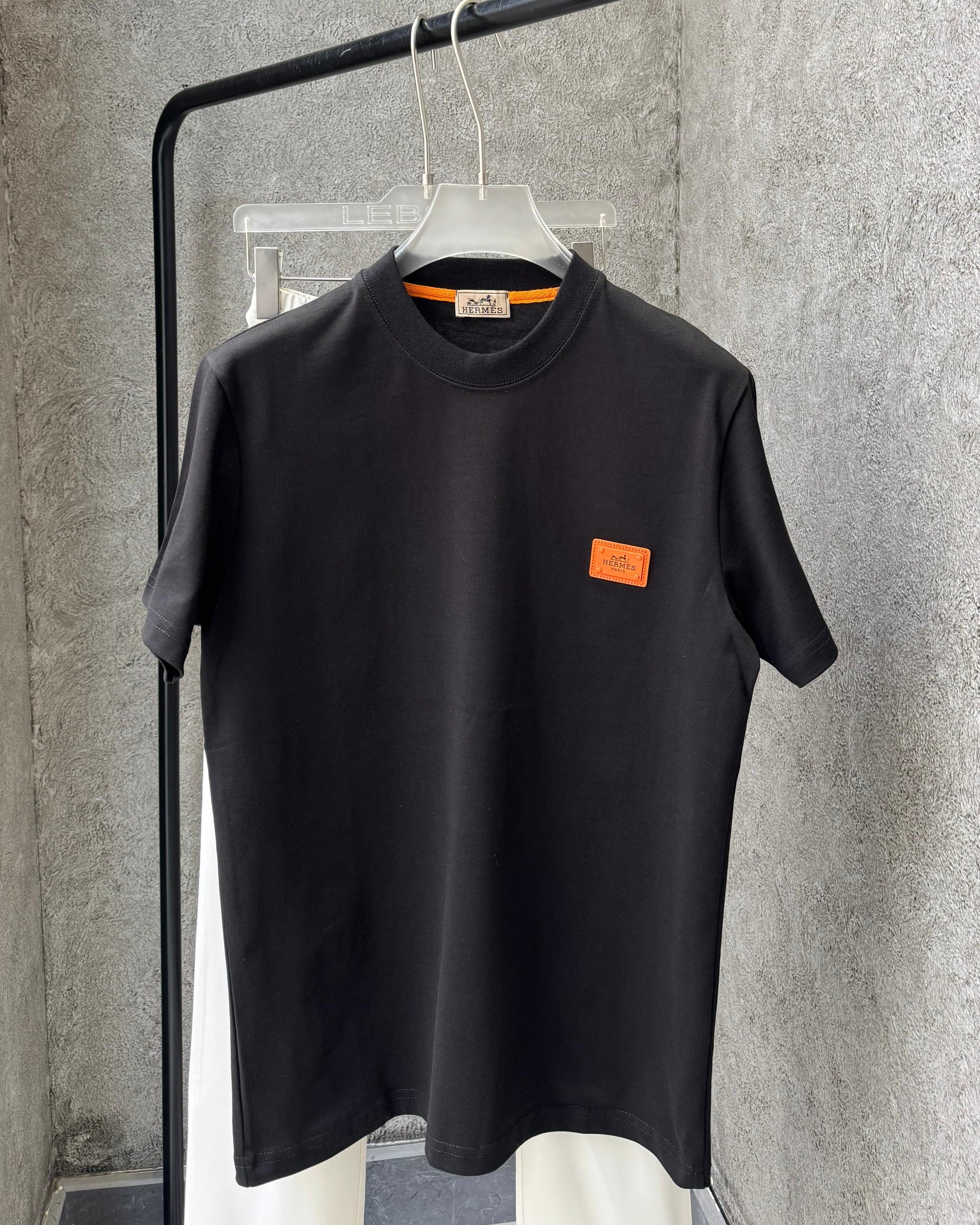 Hermès - Paris Cotton Jersey T-Shirt – Black with Signature Orange Leather Patch
