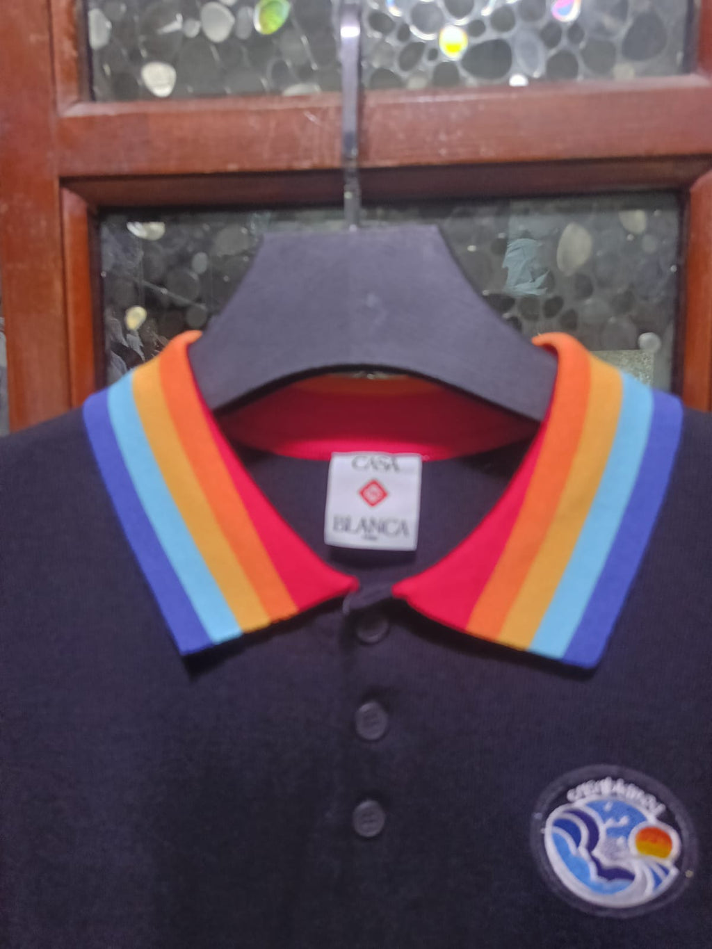 Casablanca - Embroidered Logo Polo Shirt with Rainbow Trim in Black