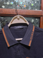 ZEGNA - Cotton Piqué Polo Shirt with Striped Logo Trim in Black