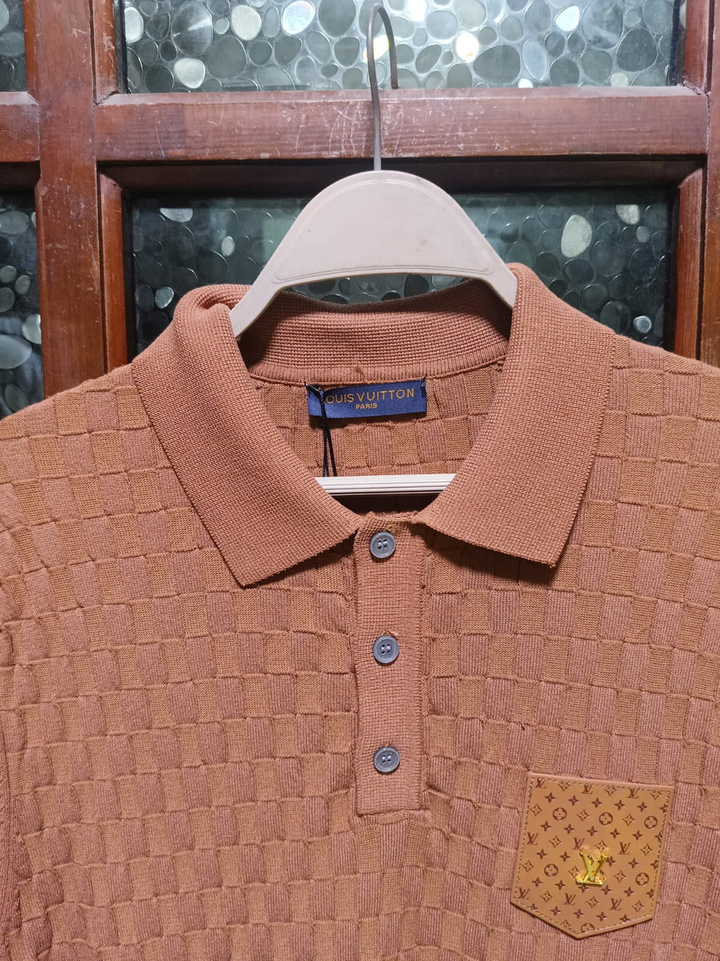 Louis Vuitton - Textured Damier Knit Polo Shirt with Monogram Pocket in Terracotta