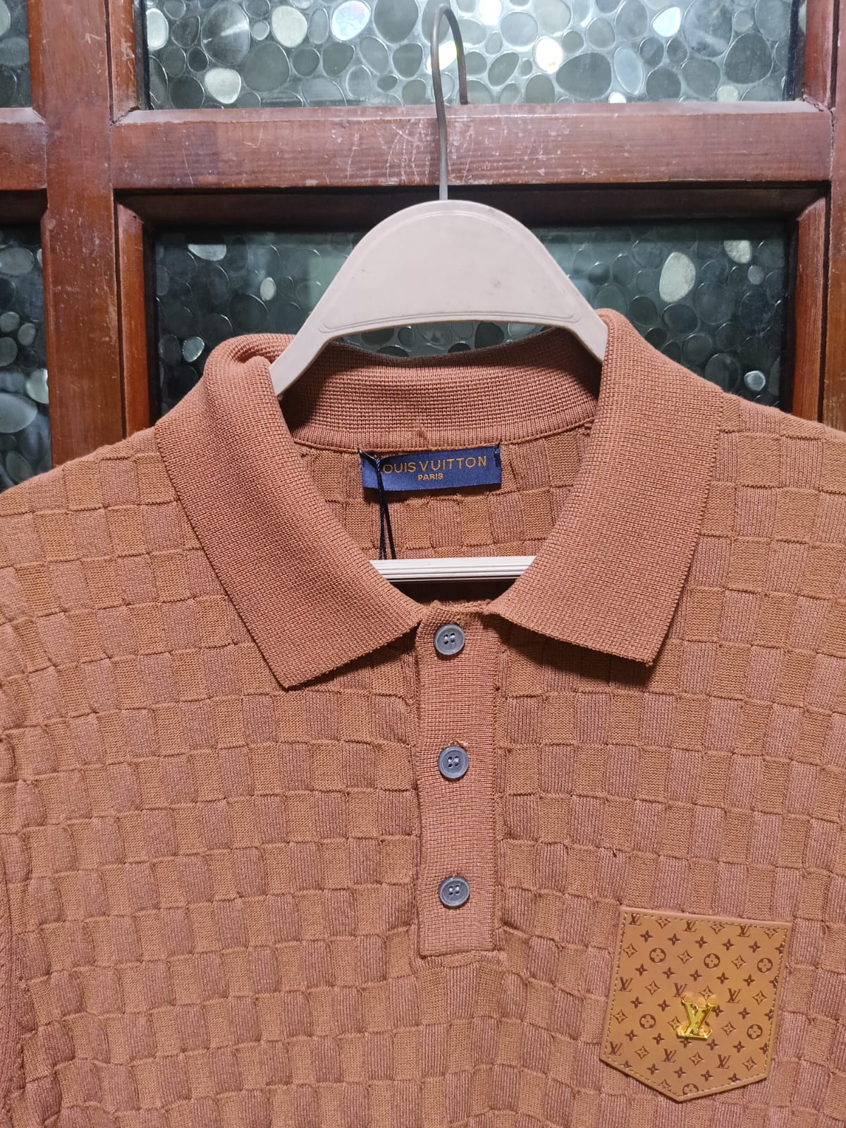 Louis Vuitton - Textured Damier Knit Polo Shirt with Monogram Pocket in Terracotta