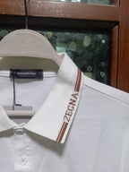 ZEGNA - Cotton Piqué Polo Shirt with Striped Logo Trim in Optic White