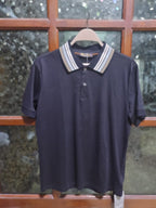 Loro Piana - Cotton Piqué Polo Shirt with Multi-Stripe Collar in Navy Blue