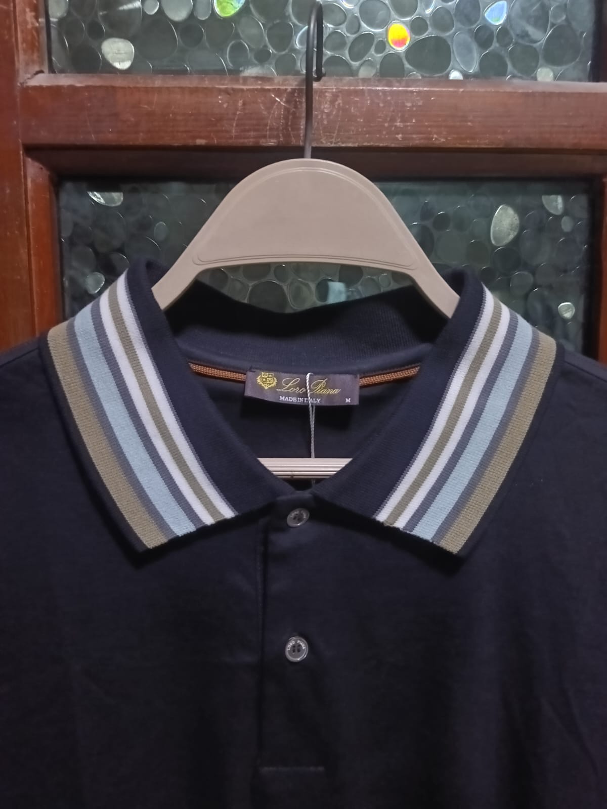 Loro Piana - Cotton Piqué Polo Shirt with Multi-Stripe Collar in Navy Blue