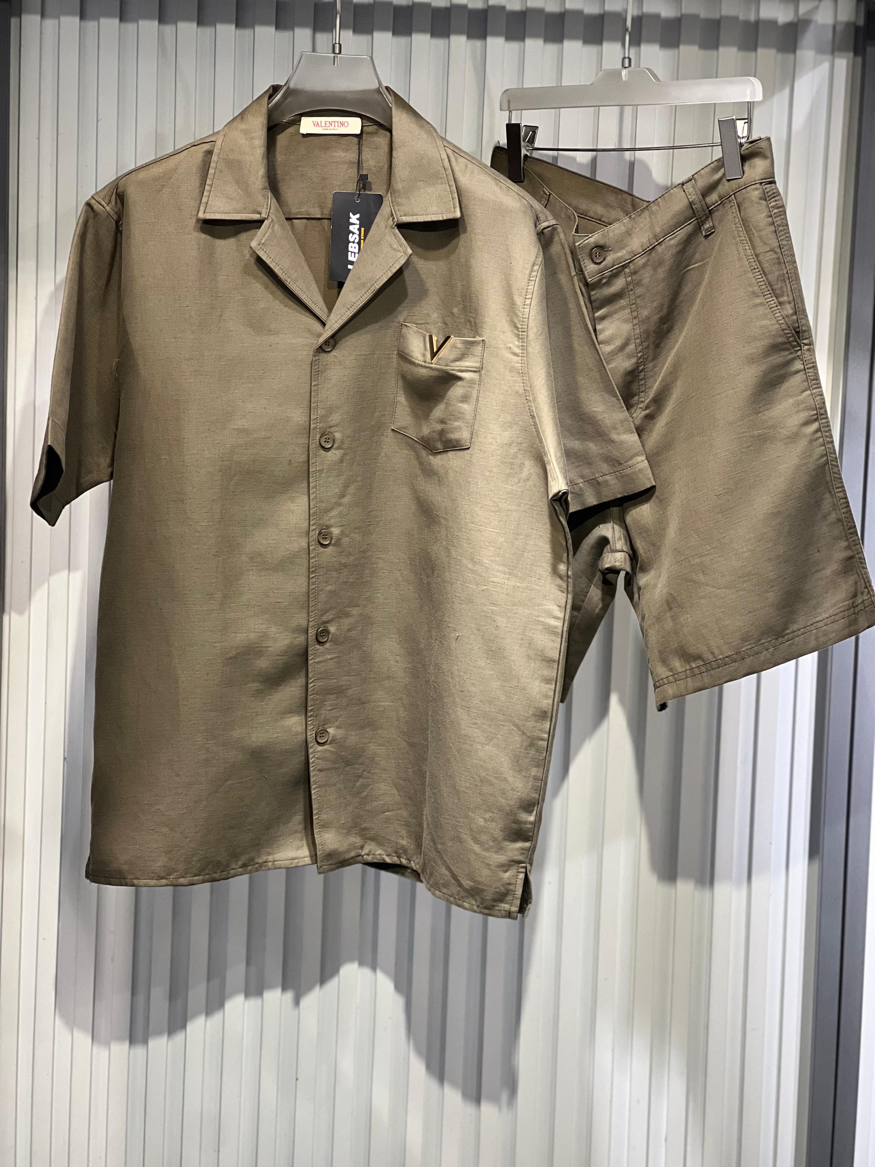 Valentino- Men's Brown Cuban Collar Shirt & Shorts Set