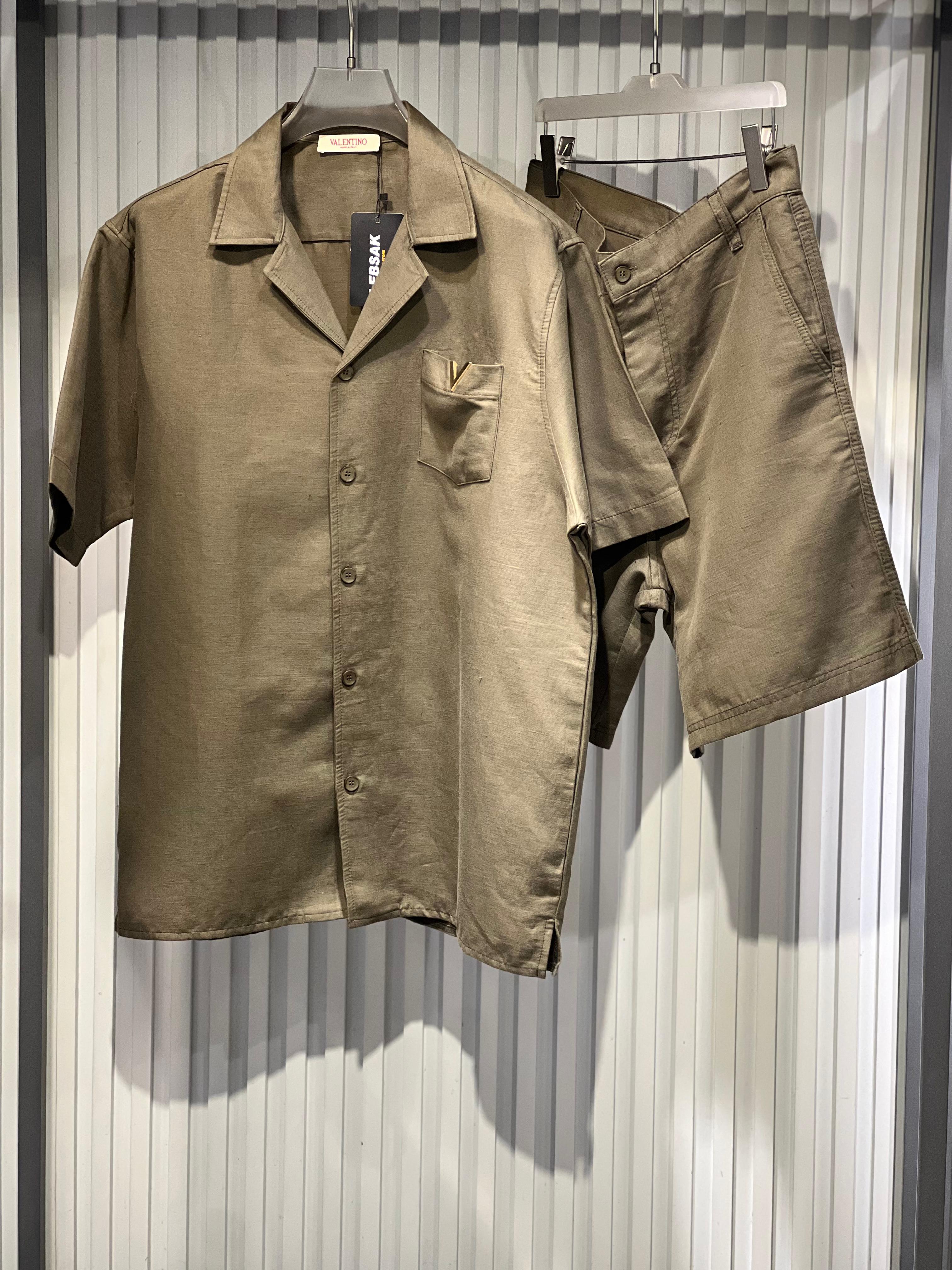 Valentino- Men's Brown Cuban Collar Shirt & Shorts Set