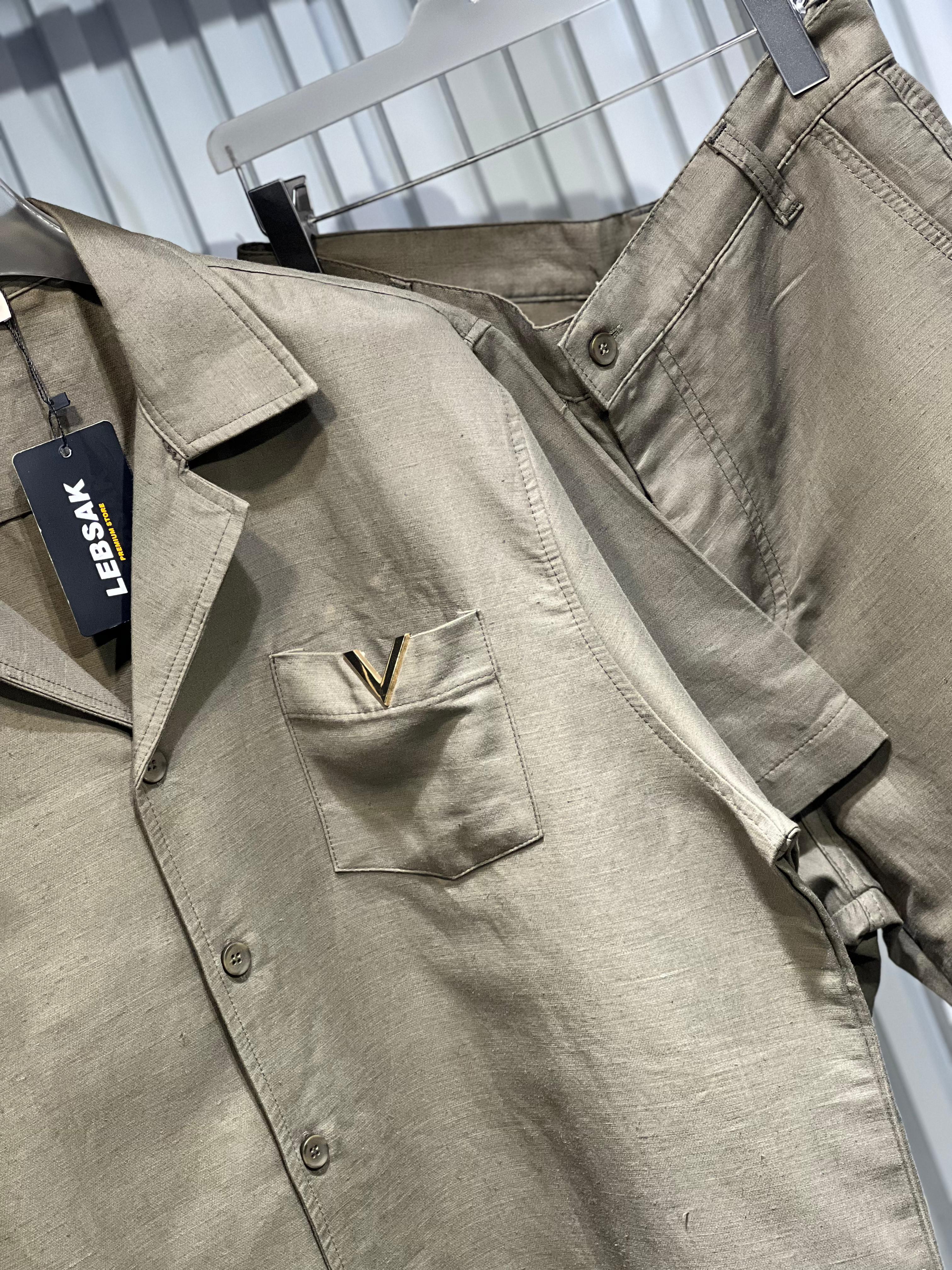 Valentino- Men's Brown Cuban Collar Shirt & Shorts Set
