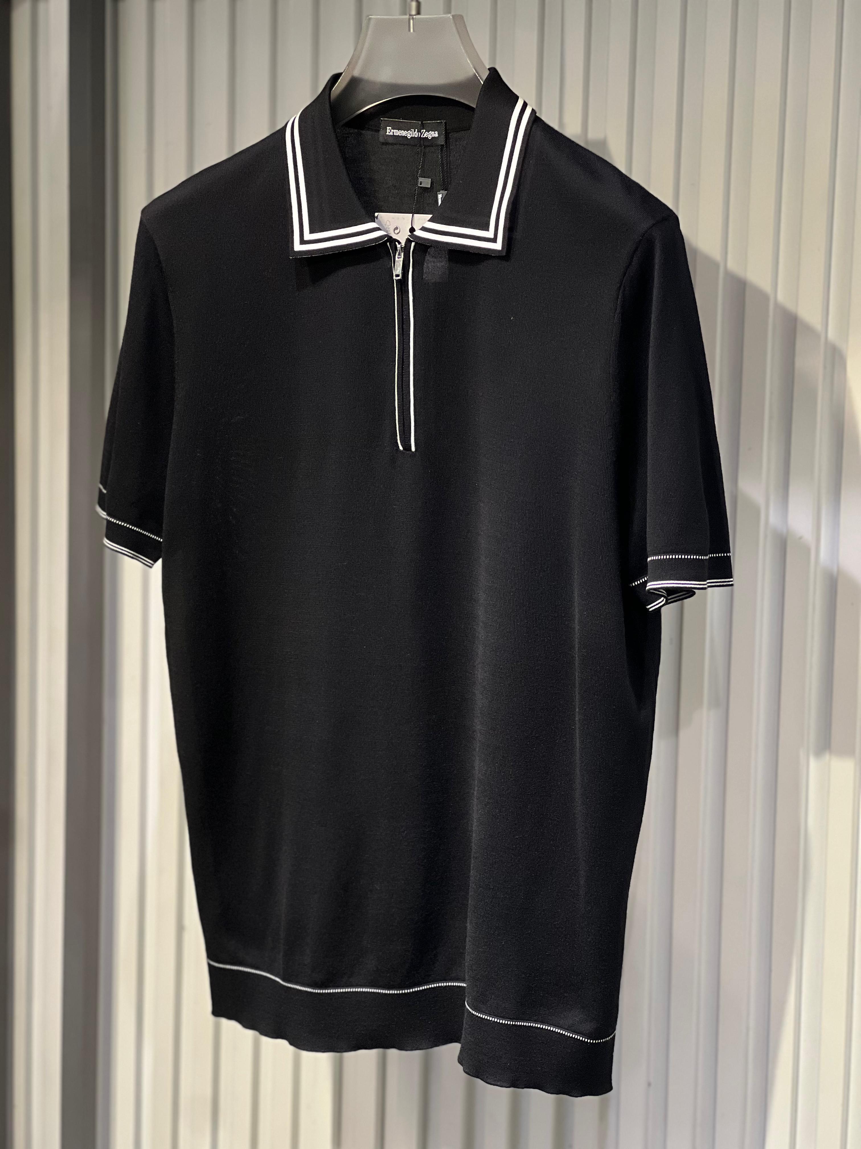 Zegna - Black Knitted Half-Zip Polo Shirt with White Trim