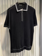 Zegna - Black Knitted Half-Zip Polo Shirt with White Trim
