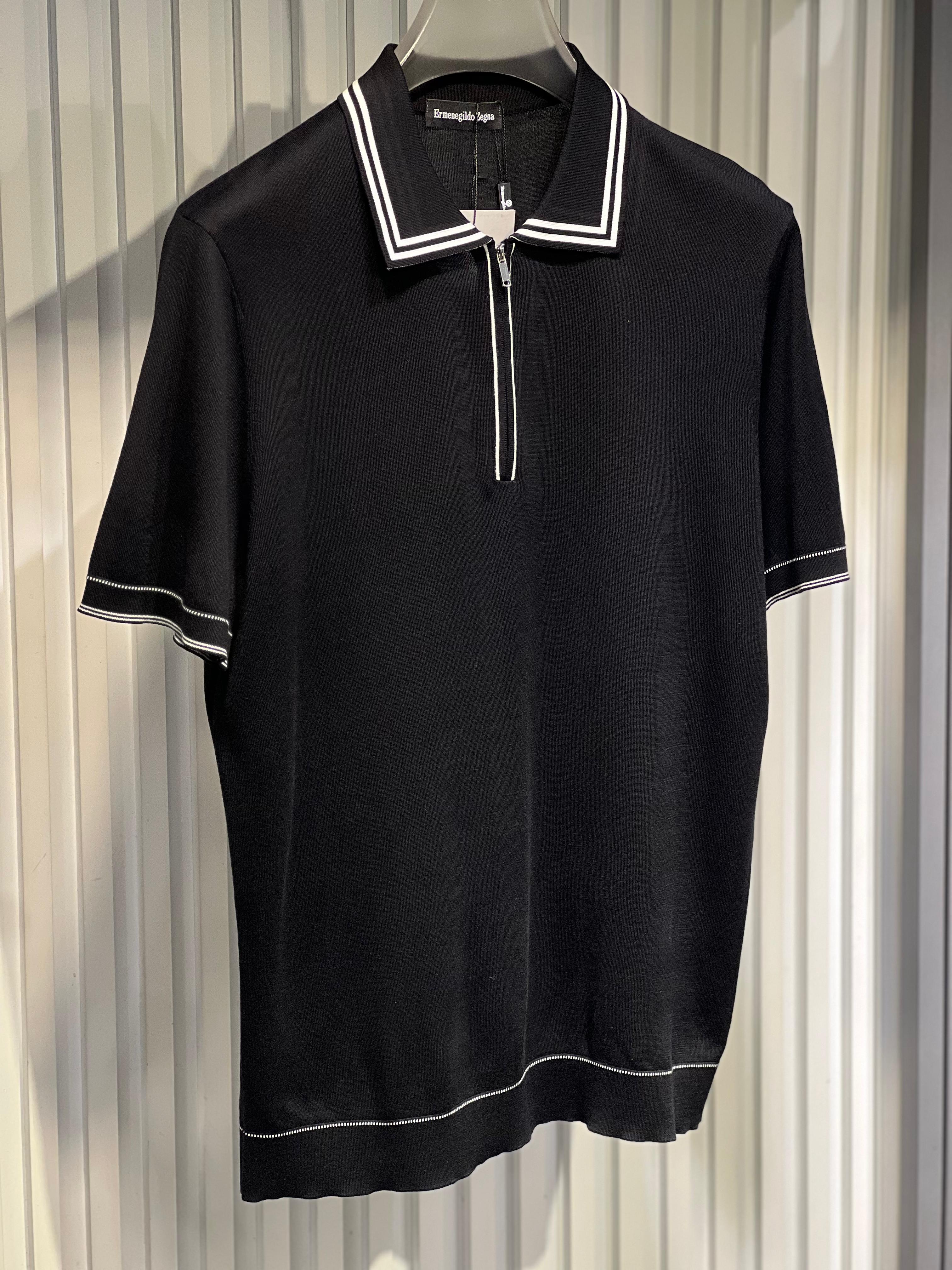 Zegna - Black Knitted Half-Zip Polo Shirt with White Trim