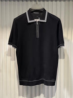 Zegna - Black Knitted Half-Zip Polo Shirt with White Trim