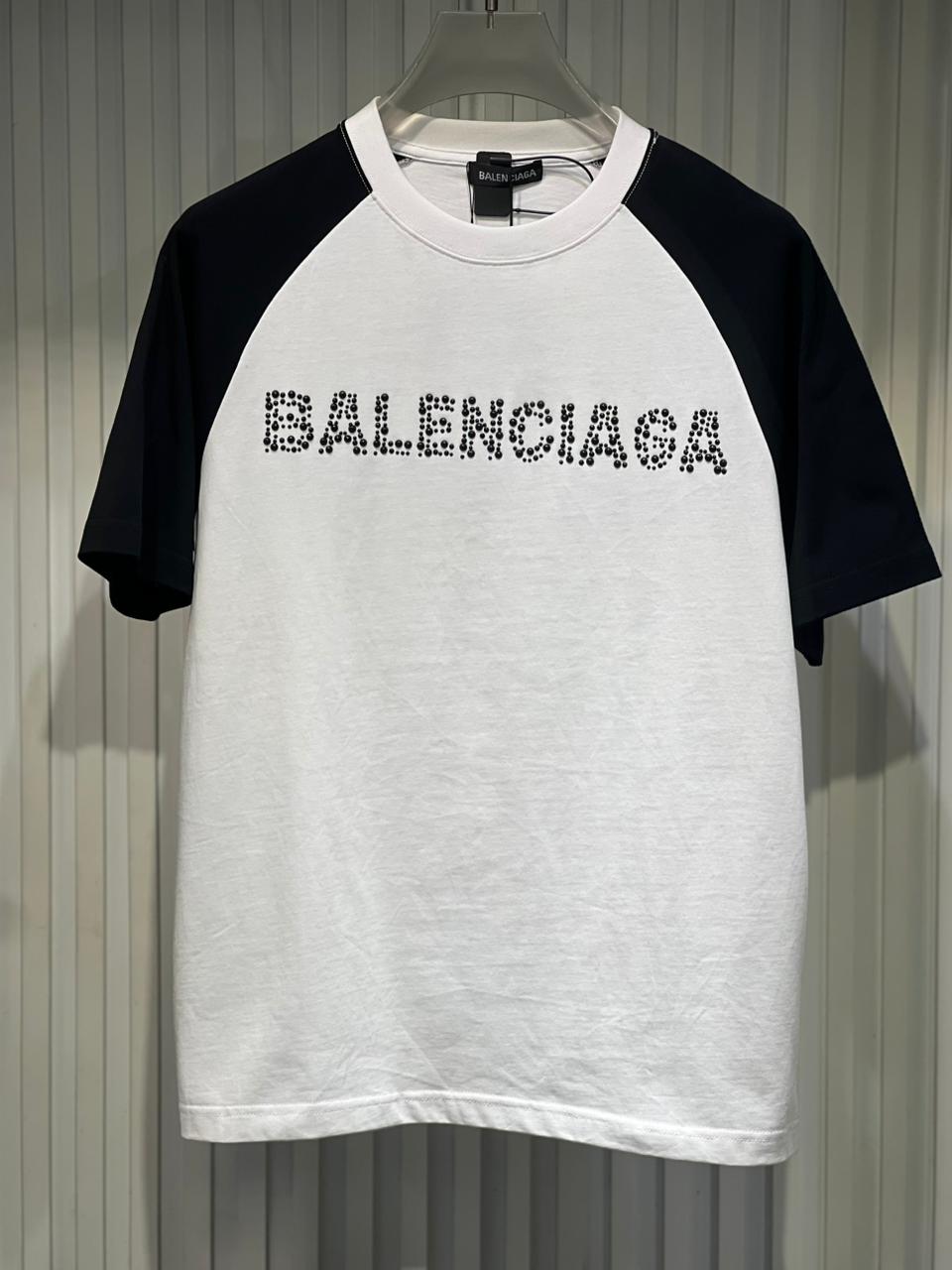 Balenciaga - White & Black Raglan T-Shirt with Studded Logo