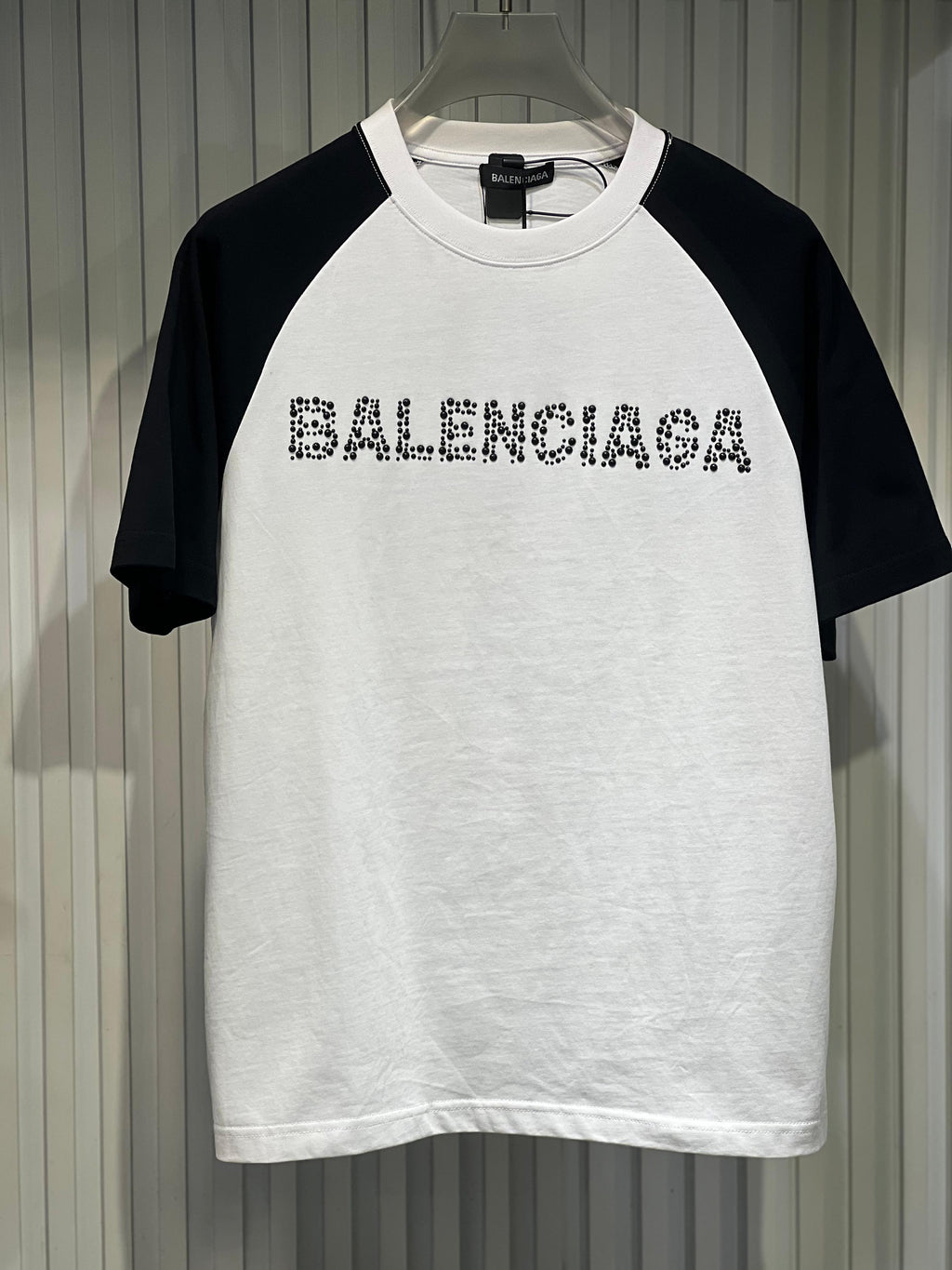 Balenciaga - White & Black Raglan T-Shirt with Studded Logo