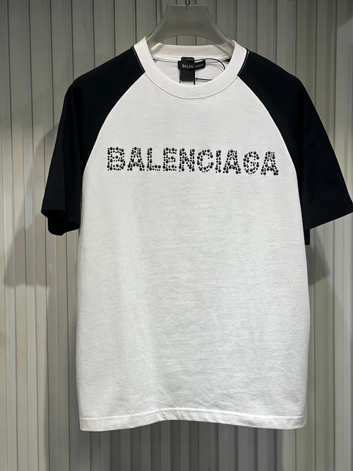 Balenciaga - White & Black Raglan T-Shirt with Studded Logo