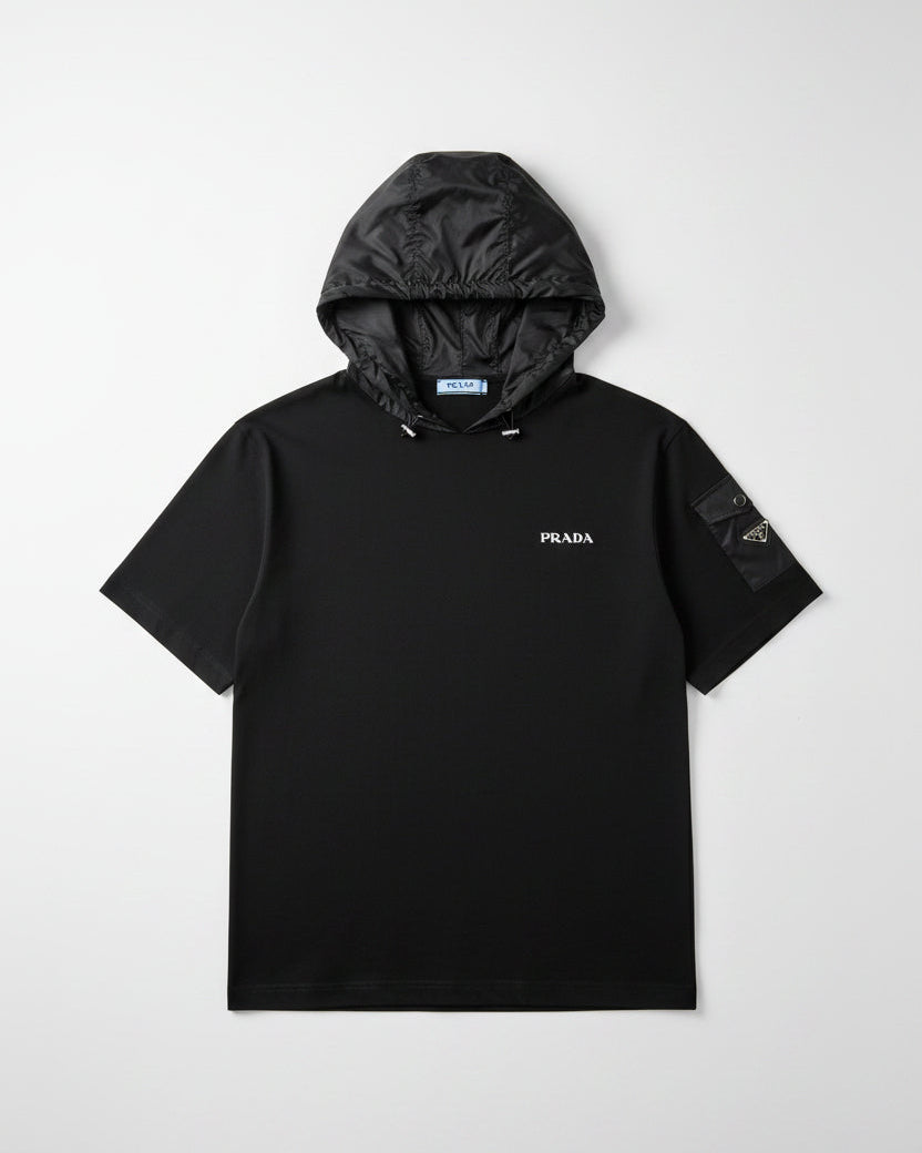 Prada - Black Hooded T-Shirt with Utility Pocket