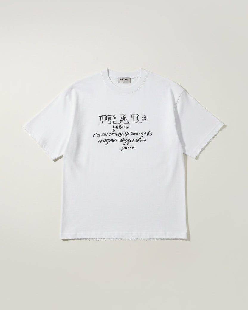 Prada - White Crew Neck T-Shirt with Calligraphy Logo Print
