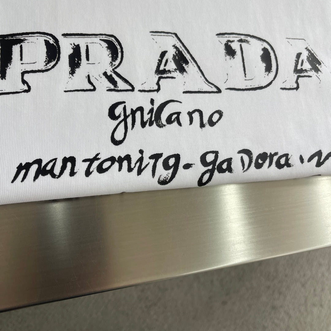 Prada - White Crew Neck T-Shirt with Calligraphy Logo Print