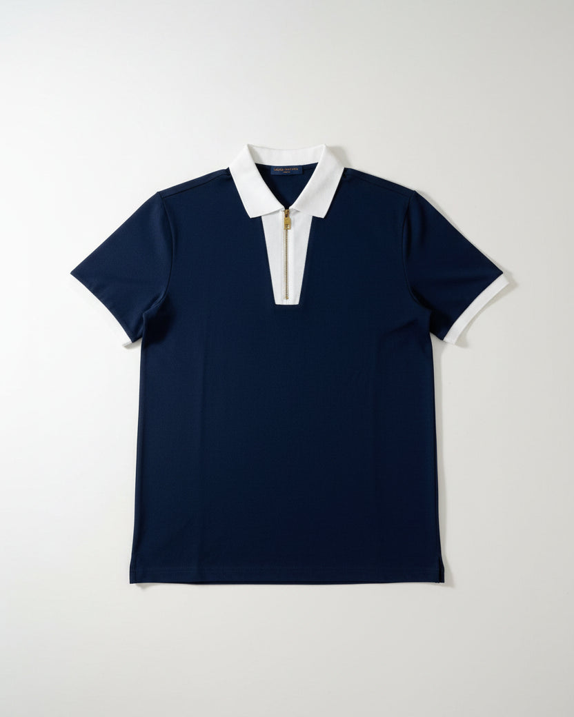 Louis Vuitton - Navy & White Contrast Zip Polo Shirt