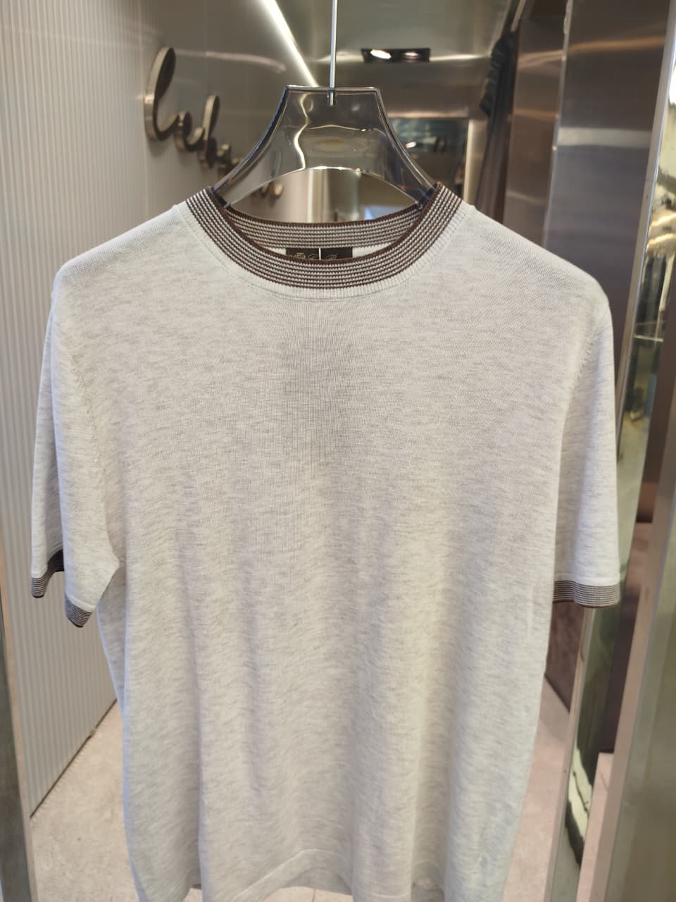 Loro Piana - Light Grey Knit T-Shirt with Striped Rib Trims