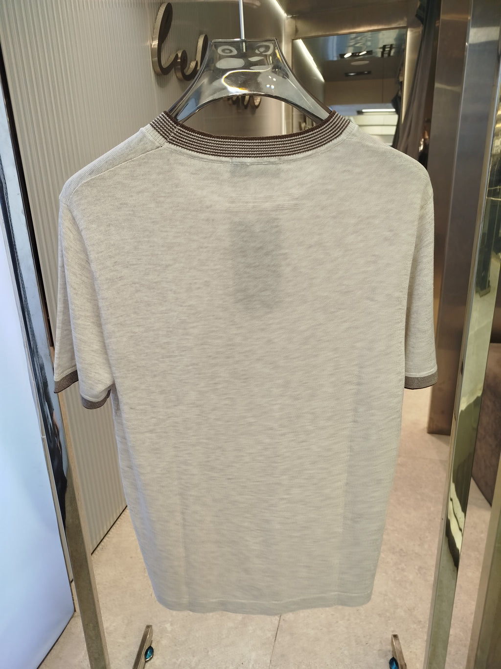 Loro Piana - Light Grey Knit T-Shirt with Striped Rib Trims