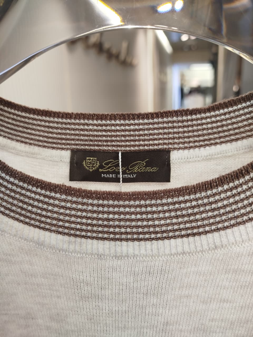Loro Piana - Light Grey Knit T-Shirt with Striped Rib Trims