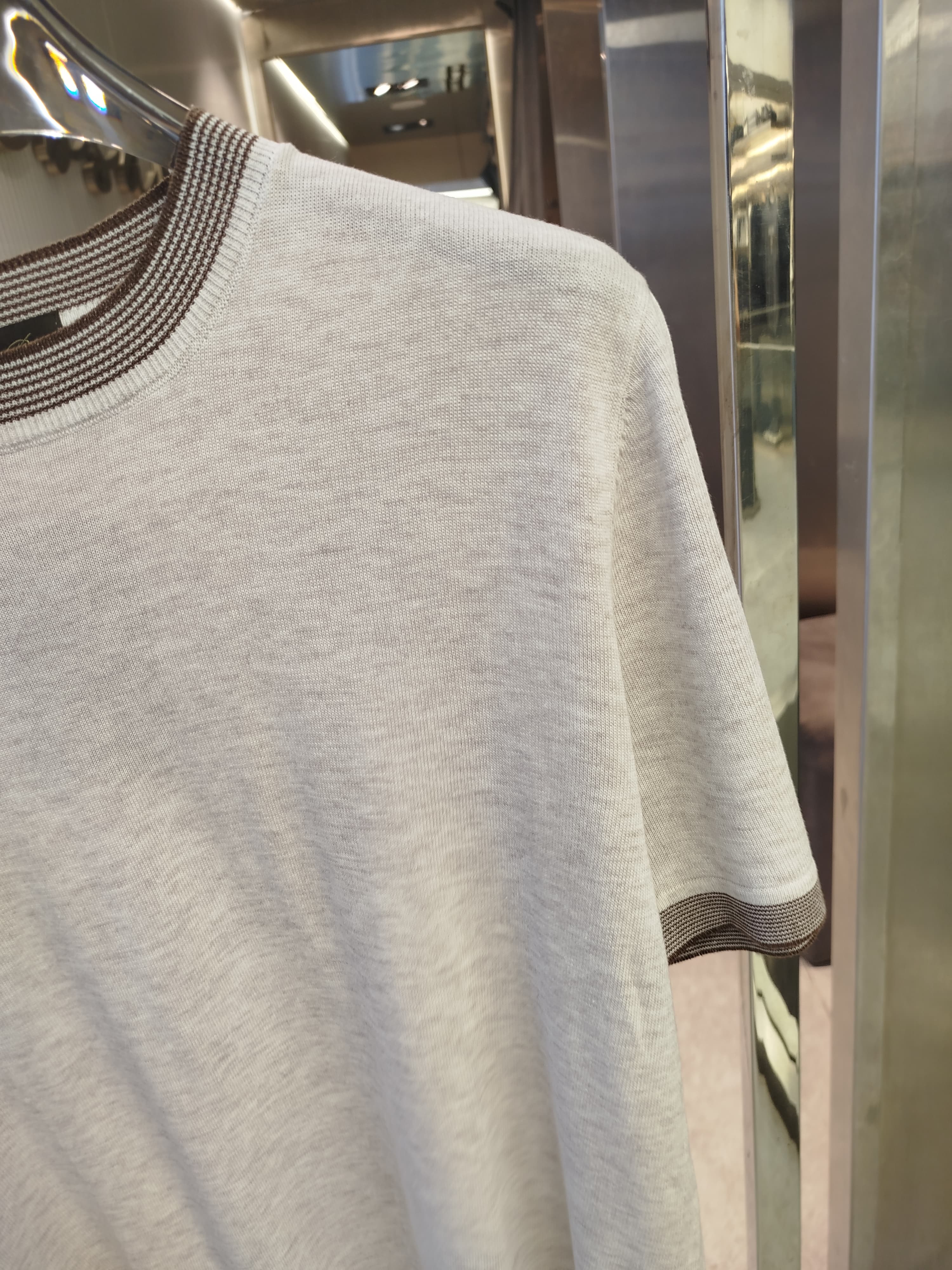 Loro Piana - Light Grey Knit T-Shirt with Striped Rib Trims