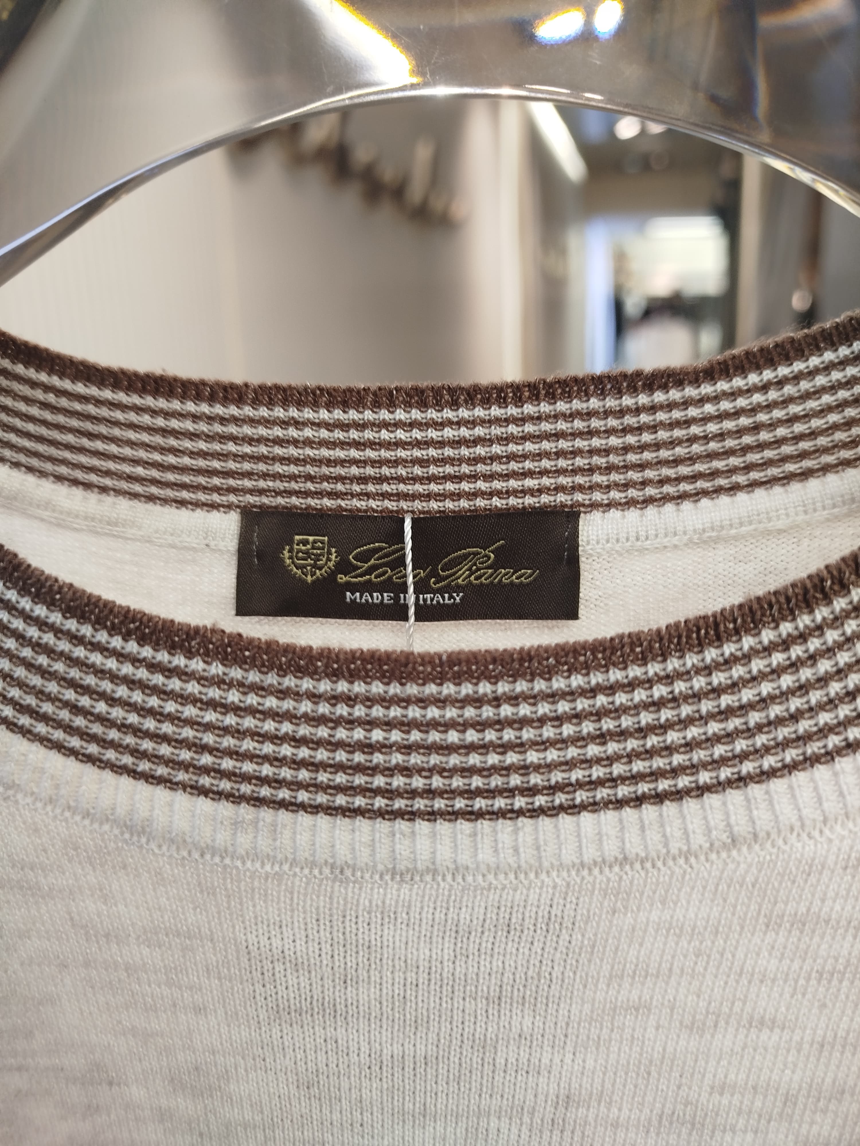 Loro Piana - Light Grey Knit T-Shirt with Striped Rib Trims