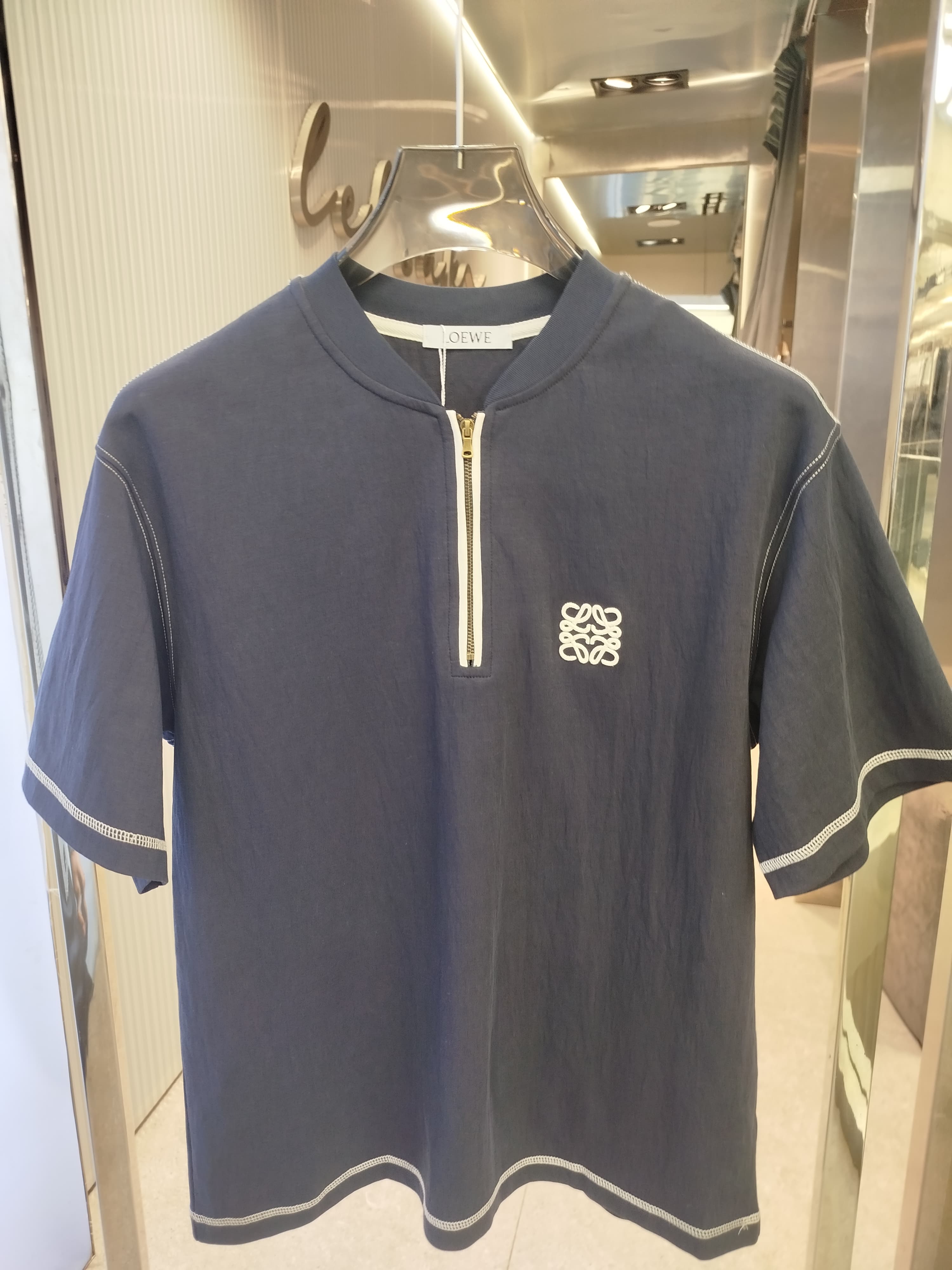 Loewe - Navy Zip Polo T-Shirt with Anagram Logo & Contrast Stitching