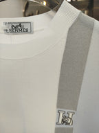Hermès - White Knit T-Shirt with Grey Stripe & "H" Logo