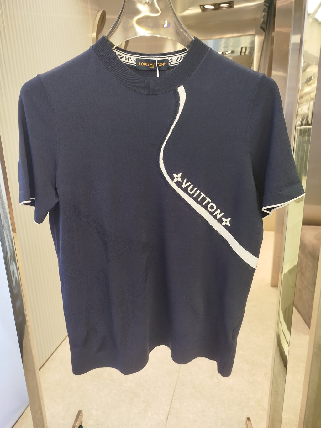 Louis Vuitton - Navy Knit T-Shirt with White Monogram Stripe