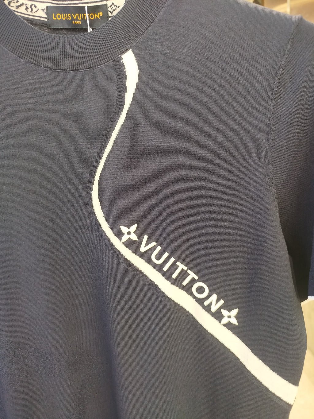 Louis Vuitton - Navy Knit T-Shirt with White Monogram Stripe