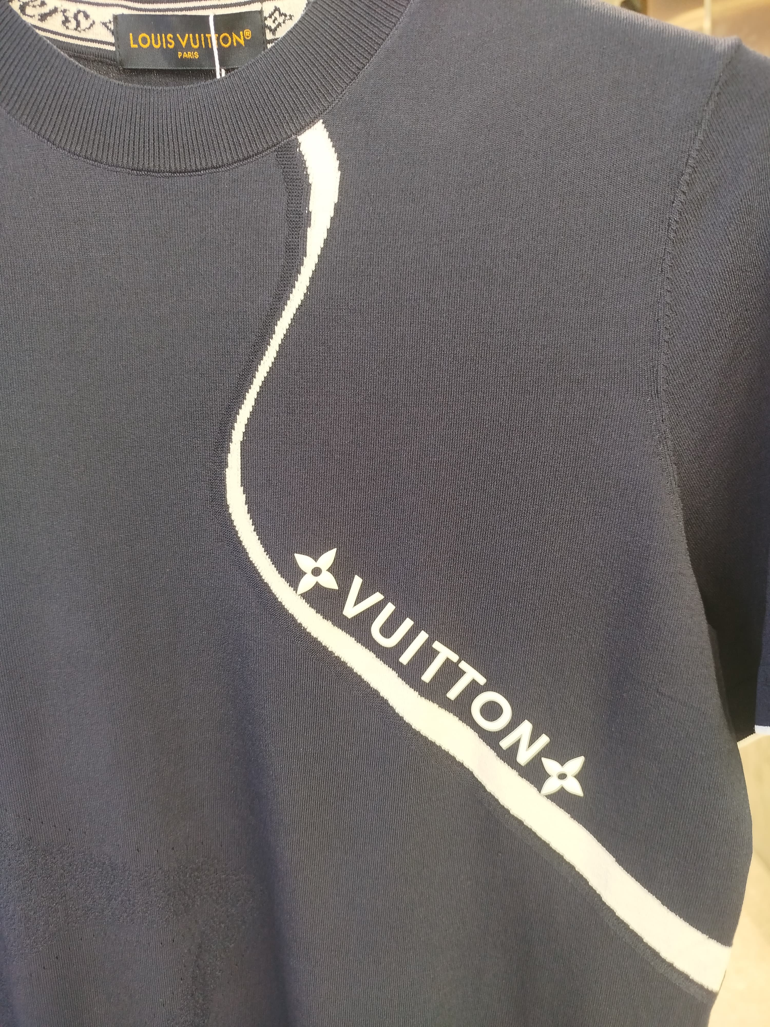 Louis Vuitton - Navy Knit T-Shirt with White Monogram Stripe