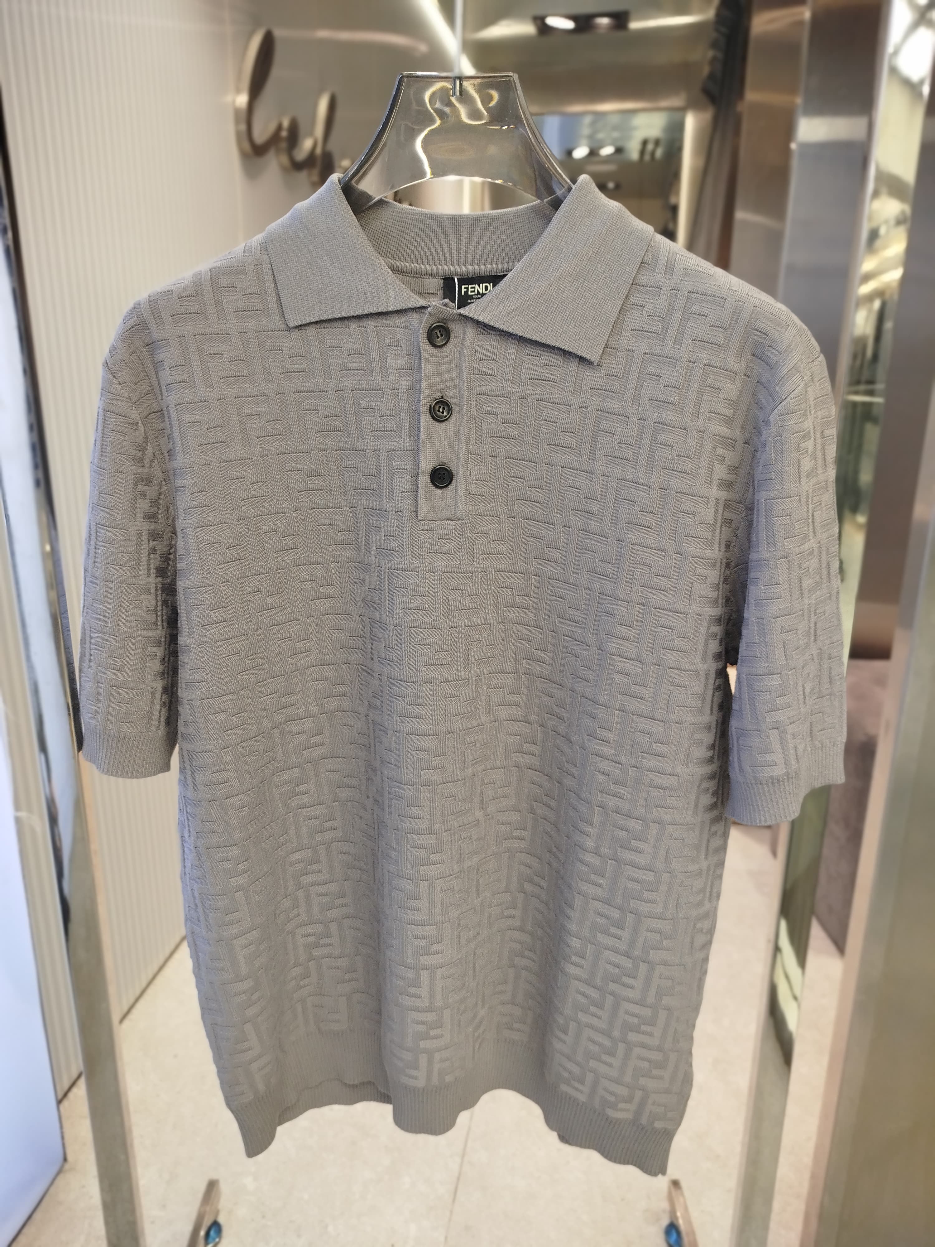 Fendi - Grey FF Monogram Knit Polo Shirt