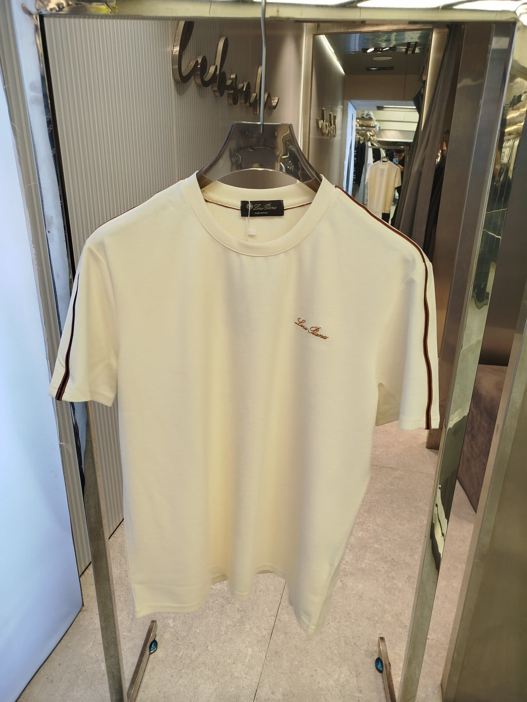 Loro Piana - Cream T-Shirt with Embroidered Logo and Contrast Stripes