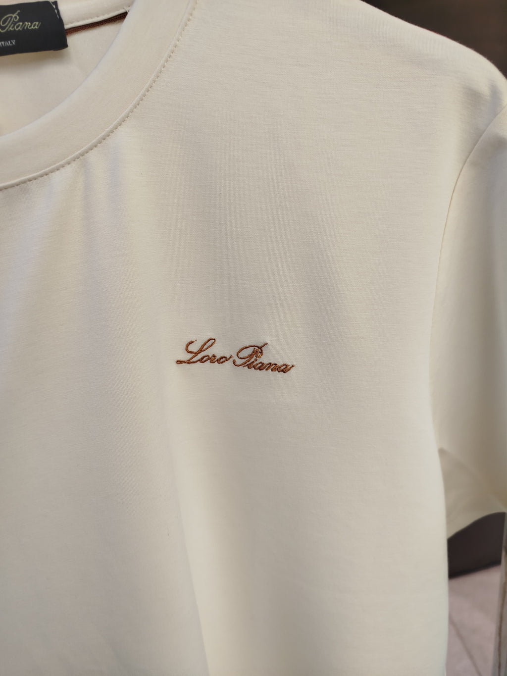 Loro Piana - Cream T-Shirt with Embroidered Logo and Contrast Stripes