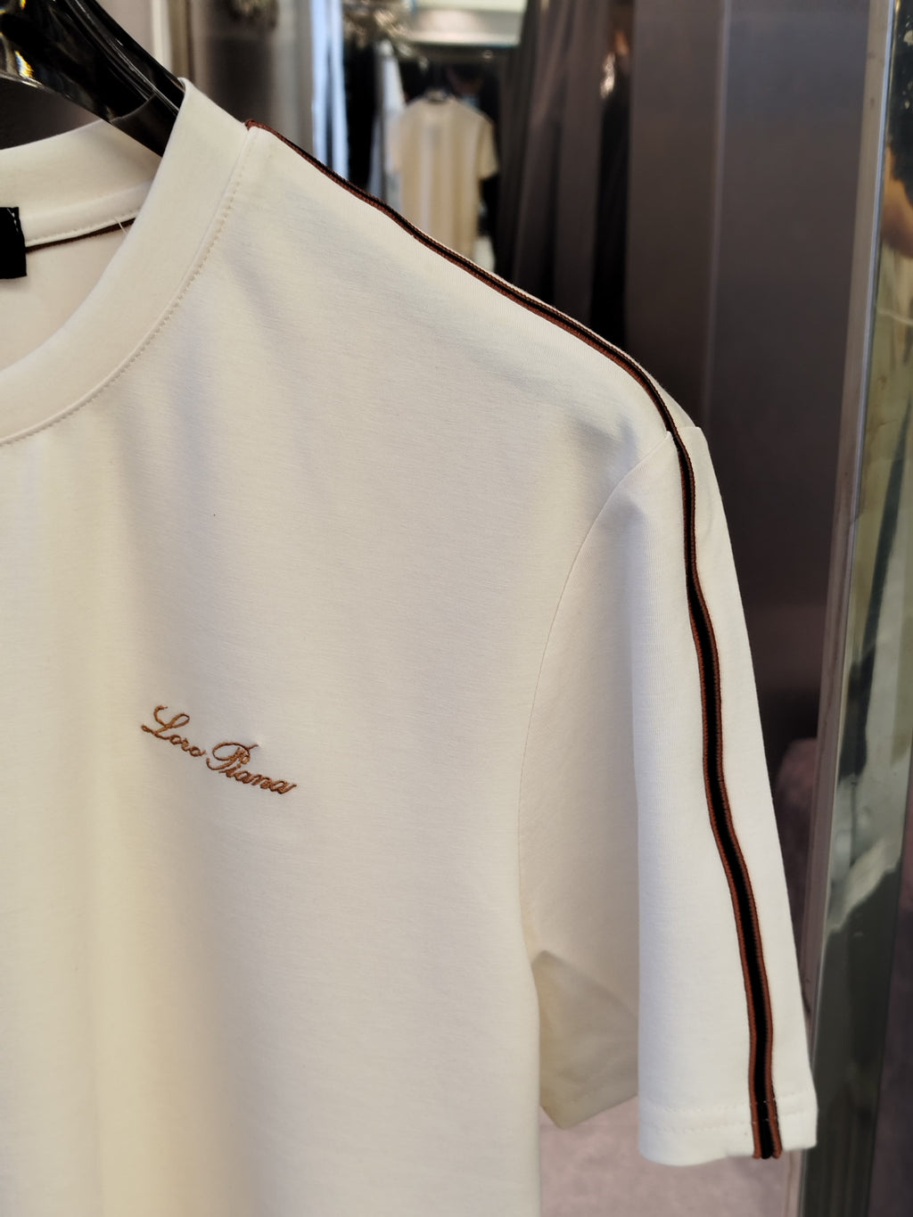 Loro Piana - Cream T-Shirt with Embroidered Logo and Contrast Stripes