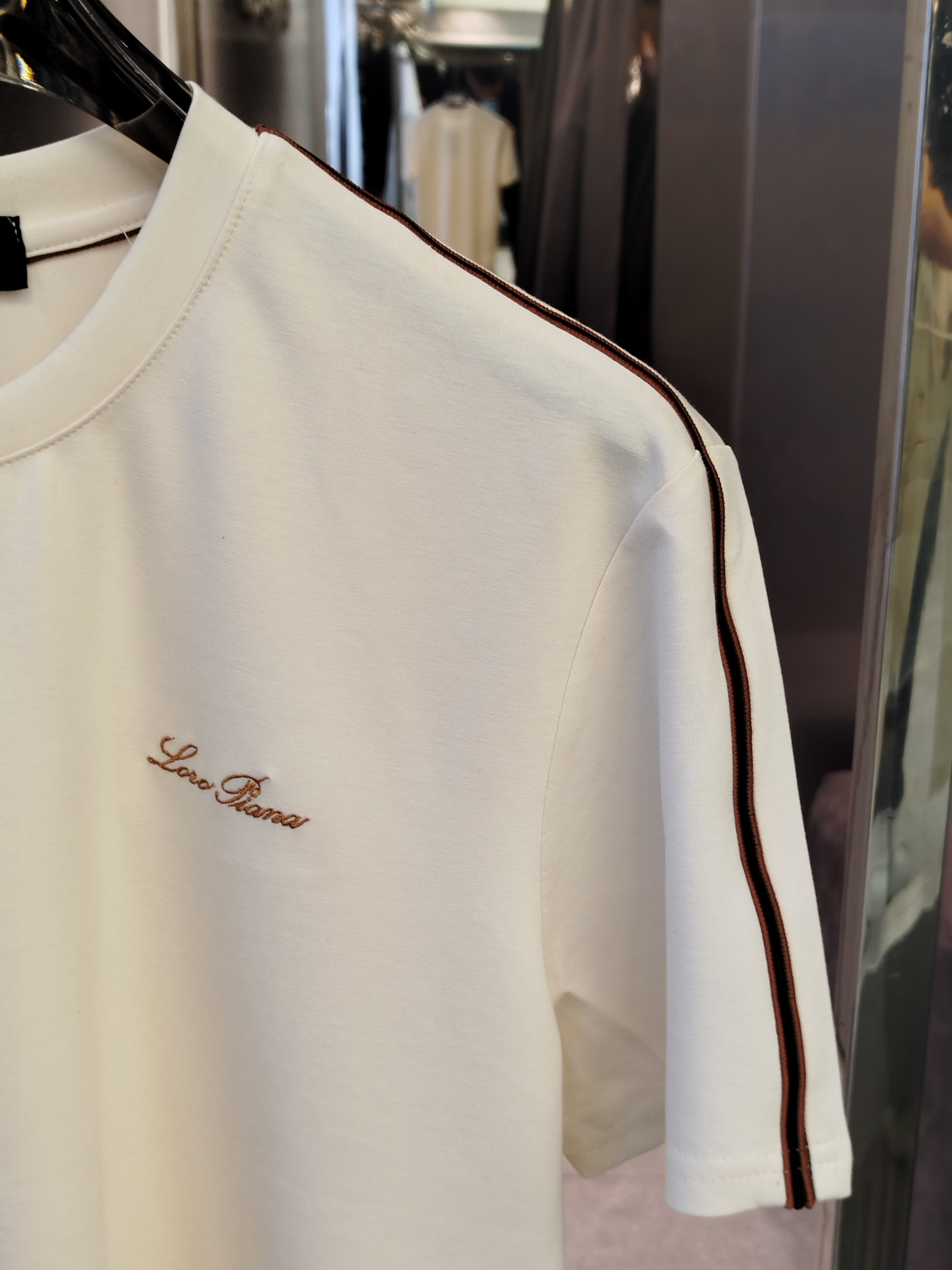 Loro Piana - Cream T-Shirt with Embroidered Logo and Contrast Stripes